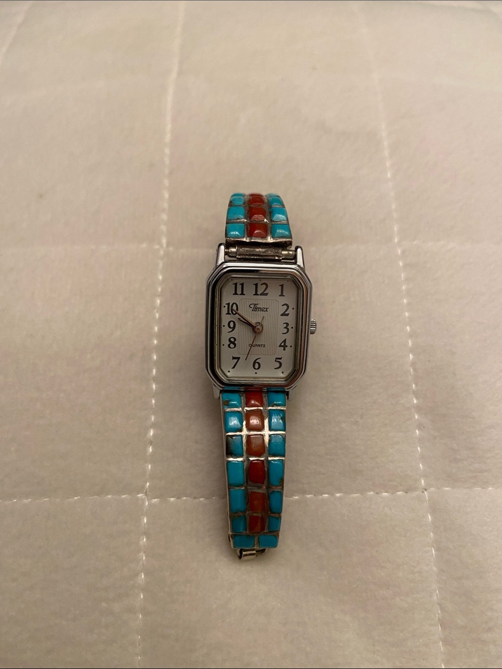 Vintage Women’s Zuni Turquoise Coral Raised Inlay Sterling Silver Watchband